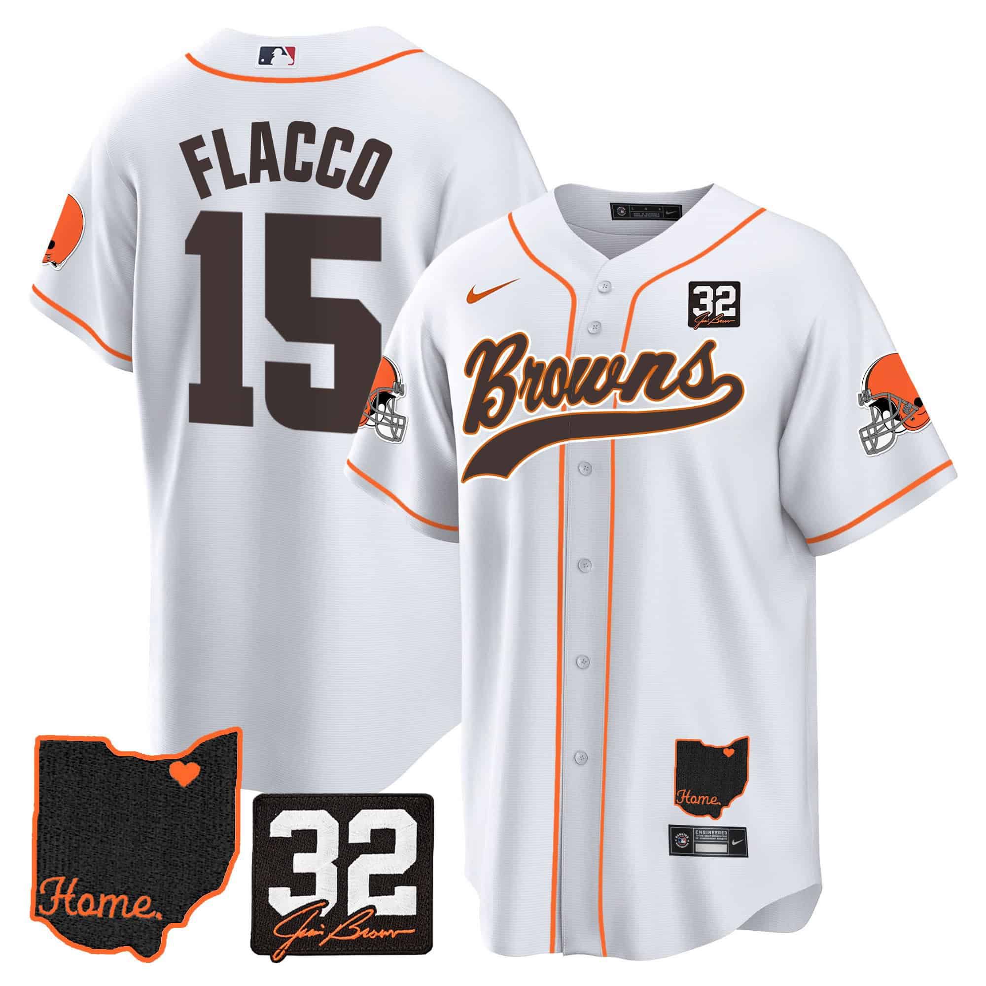 Men Cleveland Browns #15 Flacco White Memorial Home Patch Baseball 2024 Nike NFL Jersey